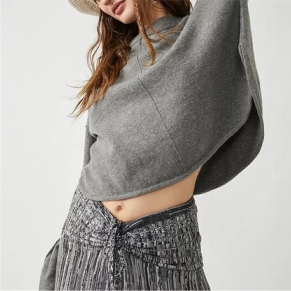 Free People grey Jamie sweater scoop neck cropped balloon sleeve oversized XS - Picture 3 of 10